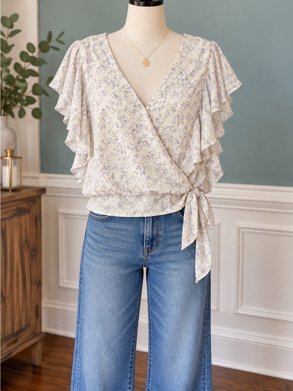 Kaileigh Cream Floral Wrap Top with Lavender Sprigs